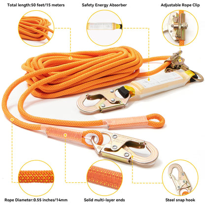 WXYSYHR Fall Protection Safety Rope 50FT Roofing Harness Safety Lanyard Tree Climbing Line Kit with Alloy Steel Grab Snap Hooks Shock Absorber Heavy Duty Roof Safety Equipment ANSI CE