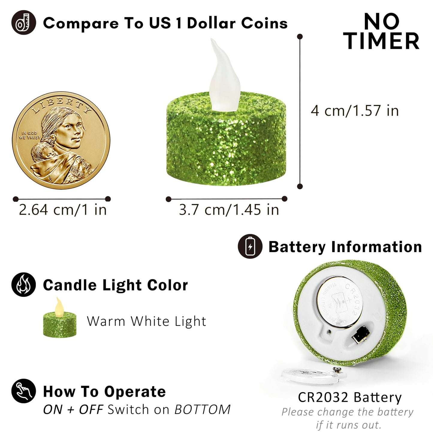 FURORA LIGHTING Green Glitter Flameless Tealights - 1.45" W x 1.57" H, 12-Pack, Batteries Included