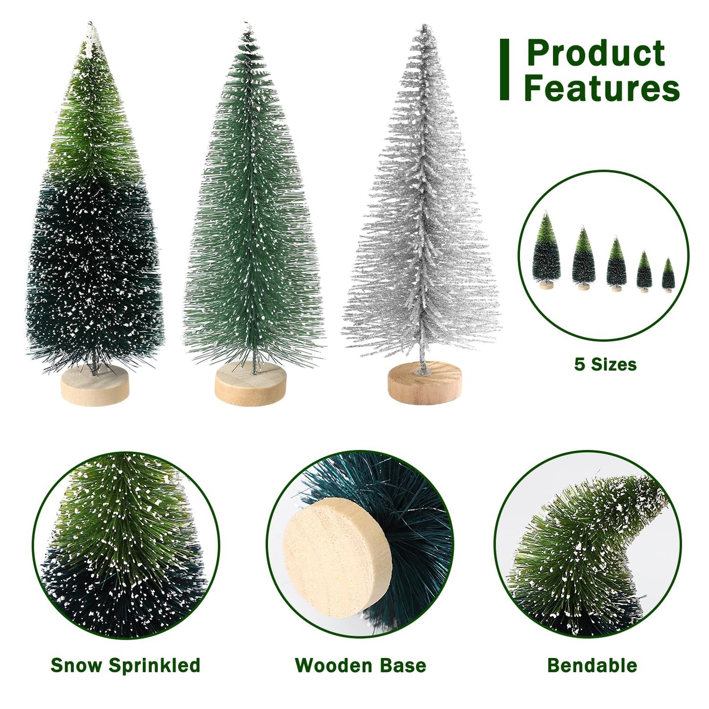 30Pcs Mini Christmas Trees Artificial Christmas Tree Bottle Brush Trees with Wooden Base for Christmas Decor Christmas Party Home Table Craft Decorations(Dark Green+Silver)