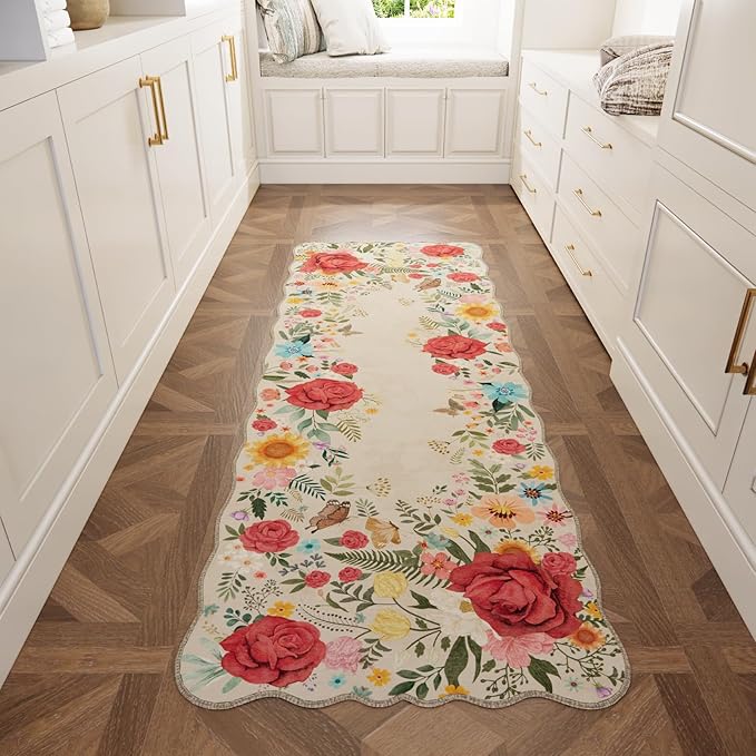 Kitchen Rug Runners for Hallways: 2x6 Washable Runner Rugs for Kitchen Ultra Thin Stain Resistant Non Slip Low Pile Lightweight Vintage Floral Carpet for Laundry Room, Bedside Decor (Beige)