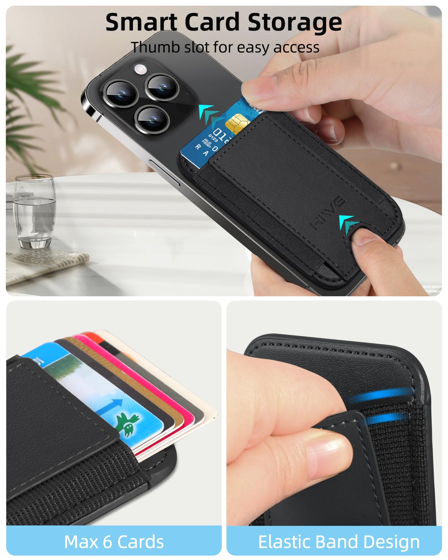 HiWe for MagSafe Wallet, 7 Cards Holder with RFID Blocking, Stronger Magnetic Wallet for iPhone 17/16/15/14/13/12 Series, Vegan Leather Minimalist Slim, 1 Slot, Black