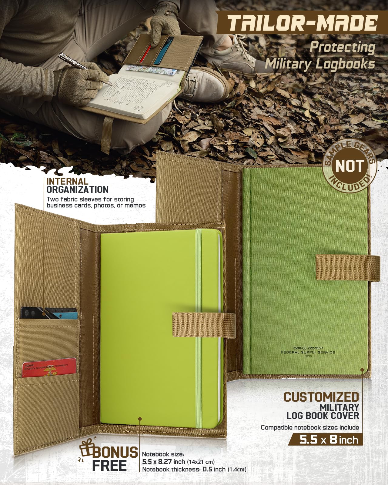 Tactical Book Cover for 5.5" x 8" Military Log Book, Green Book Protective Holder, Detachable Army Field Notebook Cover with Flag Patch, for Protecting (Tan, 5.7x8.7 in)