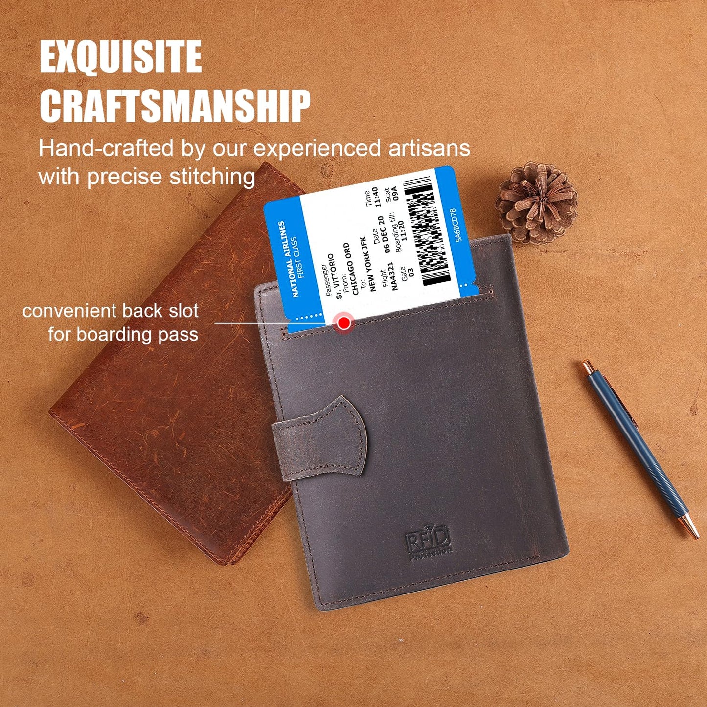 Retroreo Vitus Full Grain Leather Passport Wallet, Travel Document Organizer with RFID Blocking, Dual Passport Slots, Dual Cash Pockets, Multiple Card Holders, a 60-Page Travel Notebook & Pen Included