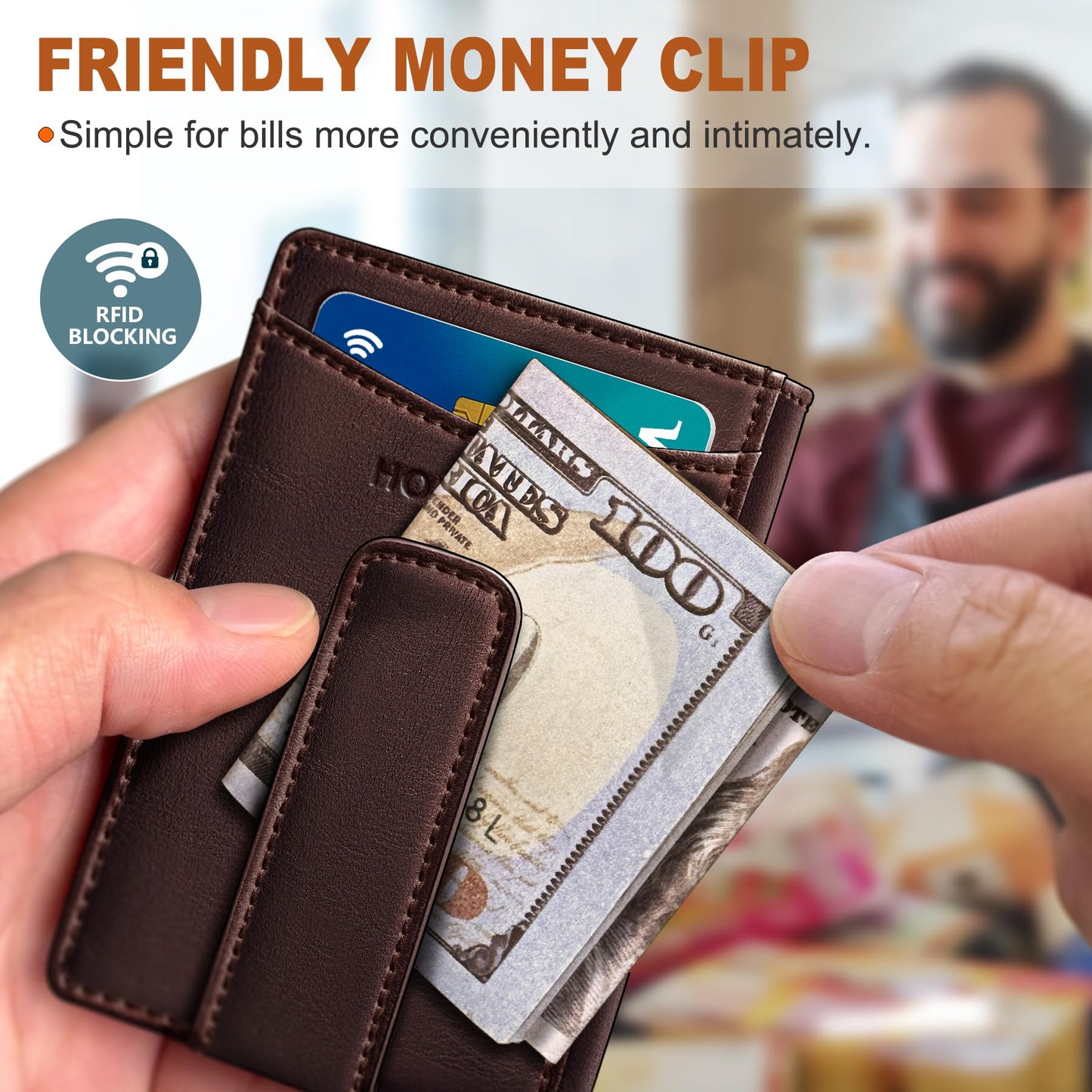 Housmai Magnetic Closure Slim Wallet for Men with Money Clip Gift Boxed,Genuine Leather Front Pocket Wallet, 3.9"x 2.7", RFID Blocking