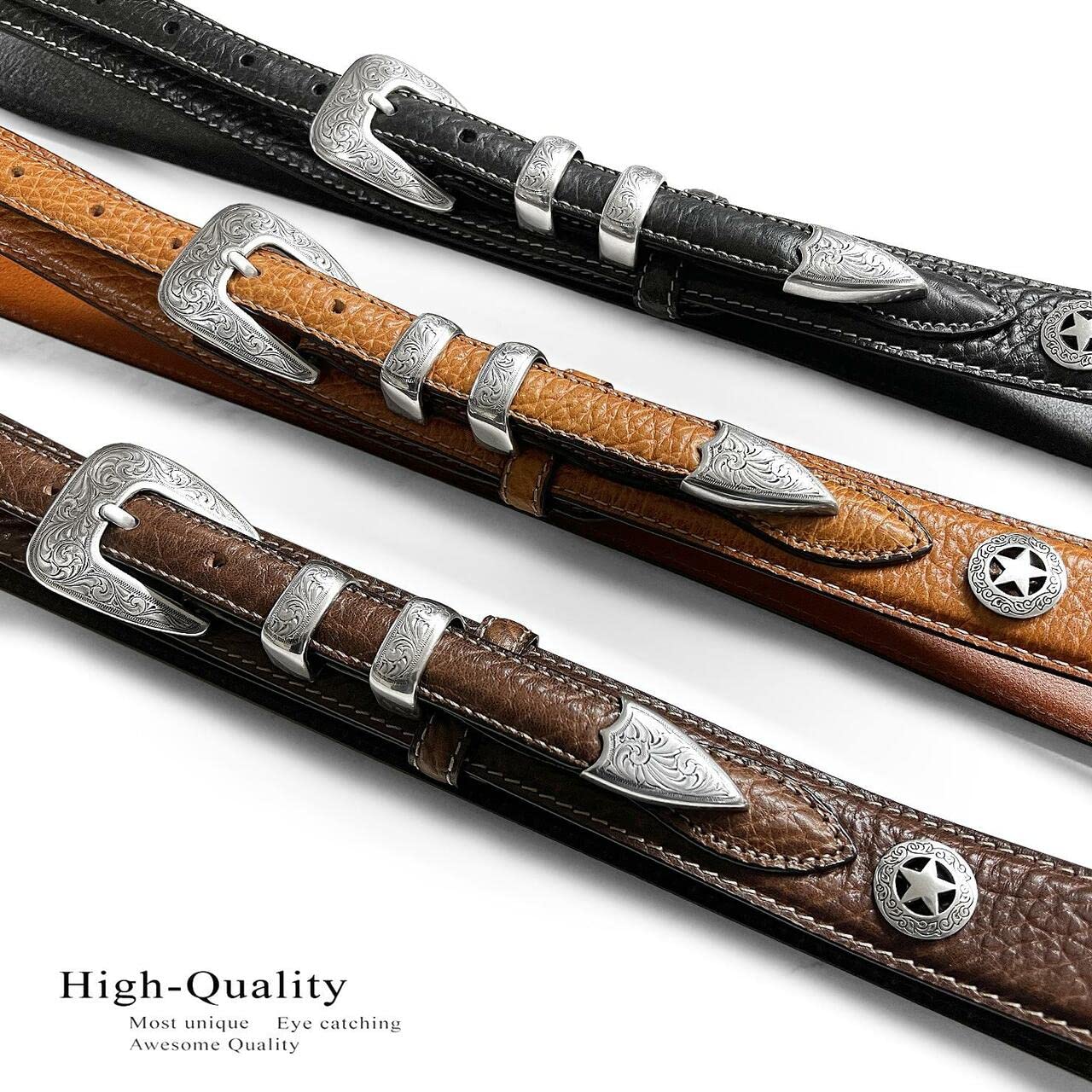 Silver Engraved Ranger Star Concho Genuine Leather Western Ranger Belt (Black, 42)