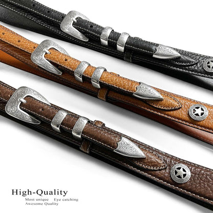 Silver Engraved Ranger Star Concho Genuine Leather Western Ranger Belt (Black, 42)