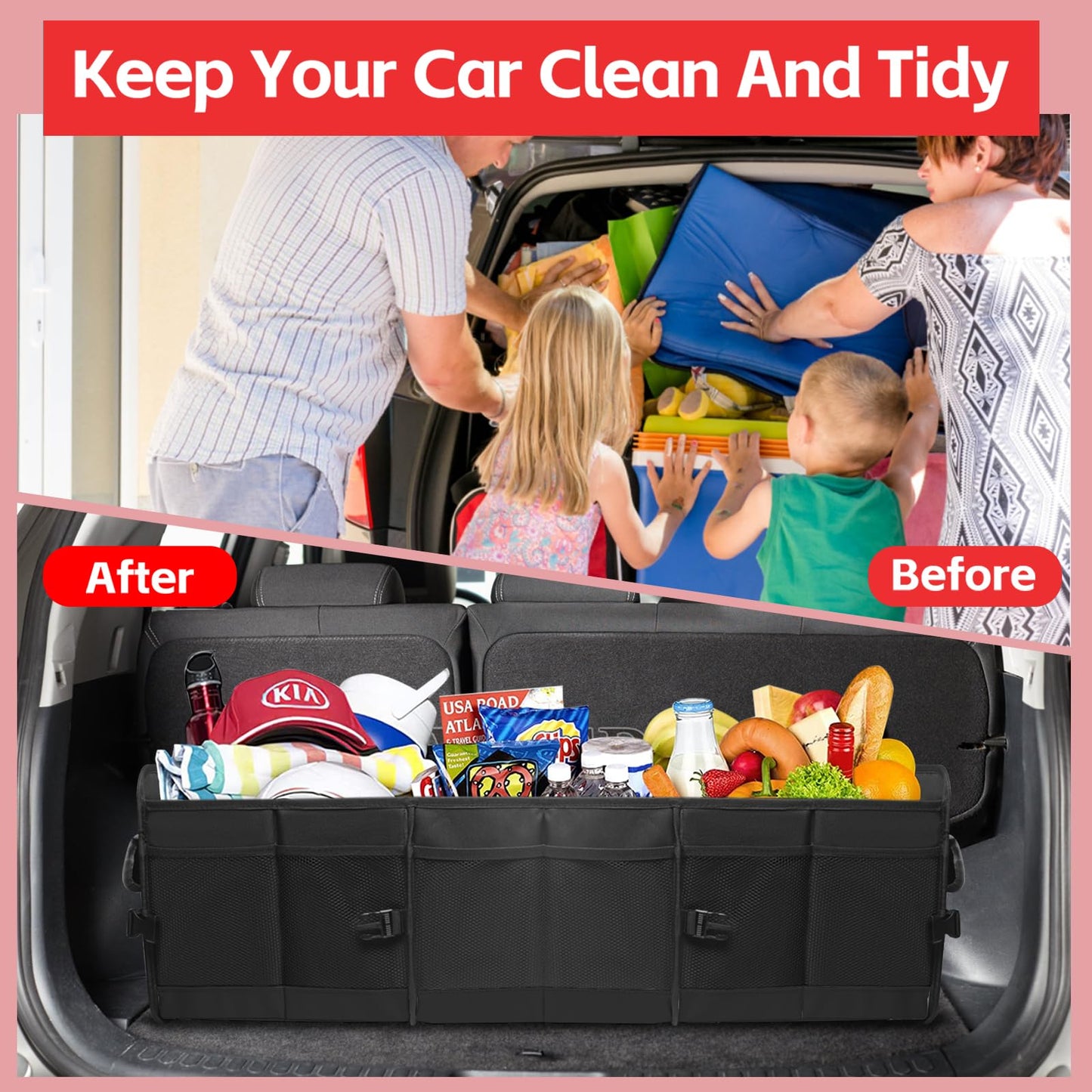 Car Trunk Organizer,Heavy Duty Collapsible 95 L Capacity Car Trunk Storage Organizer,Multi-Compartment Pockets, Adjustable Straps - Ideal for Travel, Camping, Shopping,Perfect for SUV, Truck, Sedan