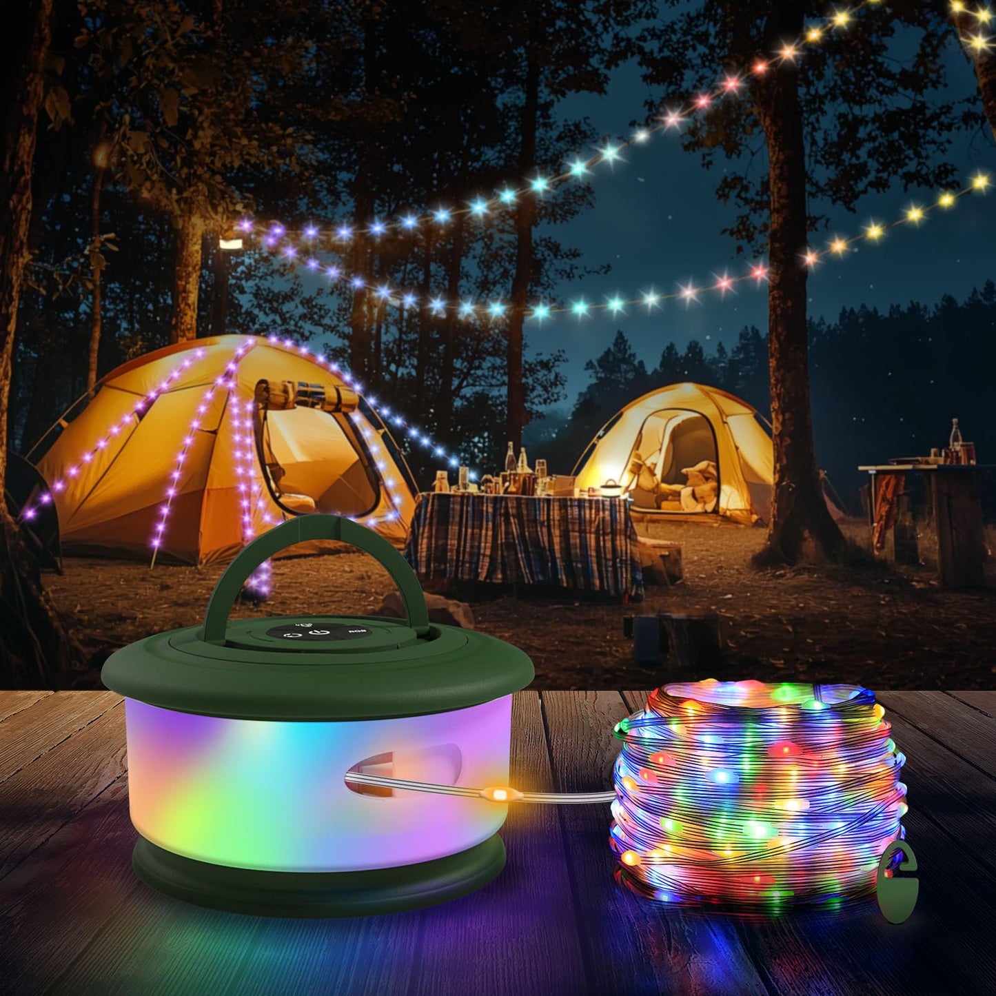 TOHETO Camping String Lights, 3 in 1 Upgraded Retractable RGB Outdoor String Lights with 19 Lighting Modes, Quick 30s Recovery, 32.8 FT Portable Tent Lights, Rechargeable Camping Lantern (Green)