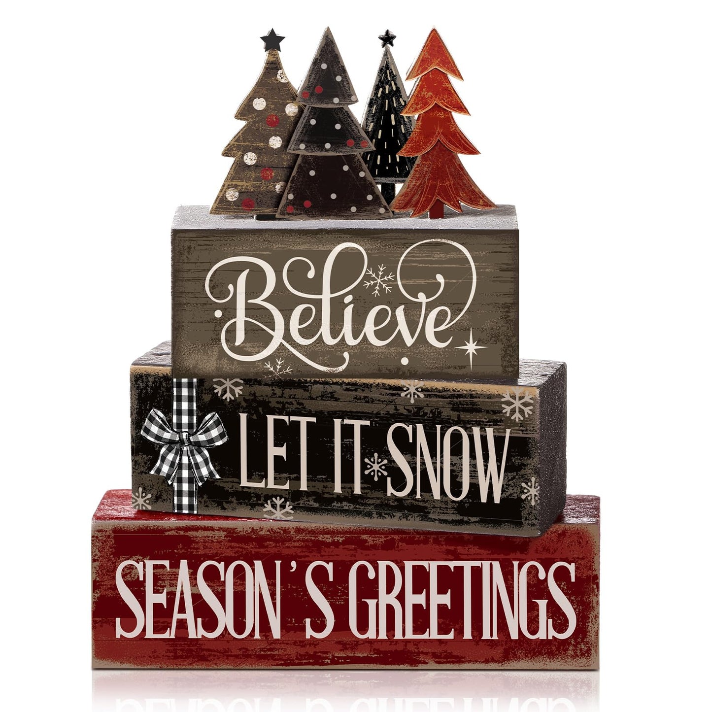 Moucuny 4 Pcs Christmas Table Decor Christmas Tree Centerpiece Rustic Decorative Tree Block Signs Gift Winter Tiered Tray Decor Farmhouse Winter Tabletop Decoration for Home Xmas Party Kitchen Shelf