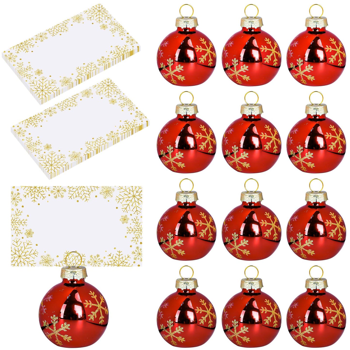 Whaline 12 Packs Christmas Gold Snowflake Ornament Place Card Holders with Name Cards Xmas Red Ball Seat Label Card Holders for Winter Wedding Holiday Table Sign