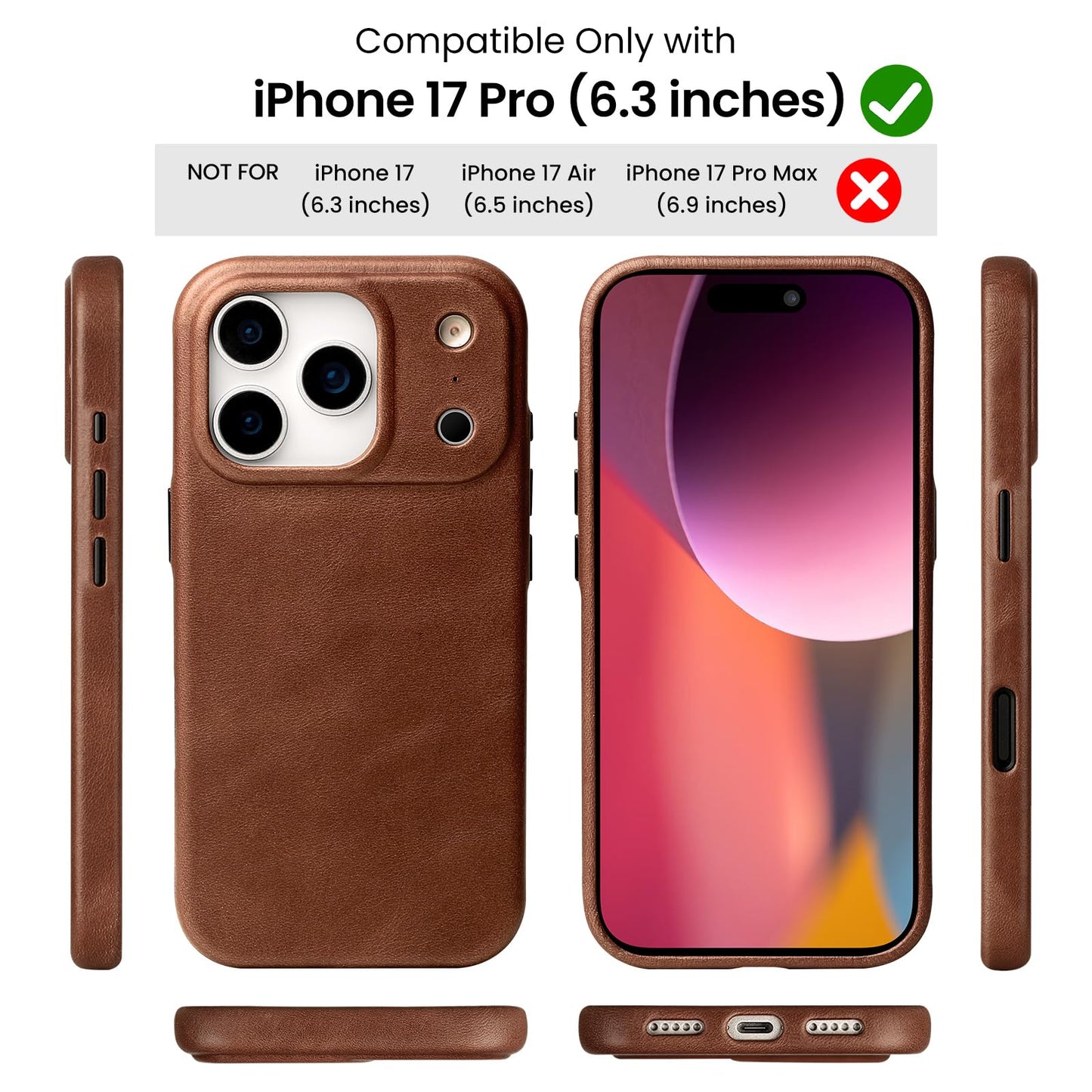 LUCKYCOIN Premium Leather Phone Case for iPhone 17 Pro 6.3in，Compatible with MagSafe & Wireless Charging，Built-in Camera Control Button，100% Full-Grain Cowhide Leather Slim Phone Case - Dark Brown