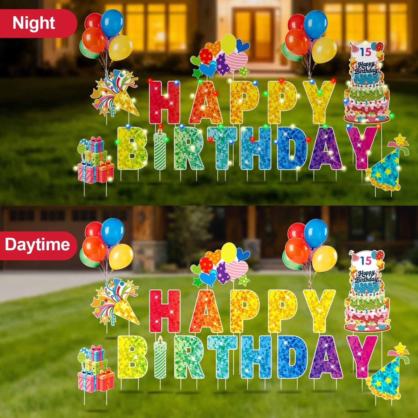 GXGGUS Happy Birthday Yard Signs Outdoor Decorations - 19 PCS Set with 16" Letters, 30" Large Cake Sign on H-Shaped Metal Stand, 32.8 Ft LED Lights & Stakes for Lawn Garden Party