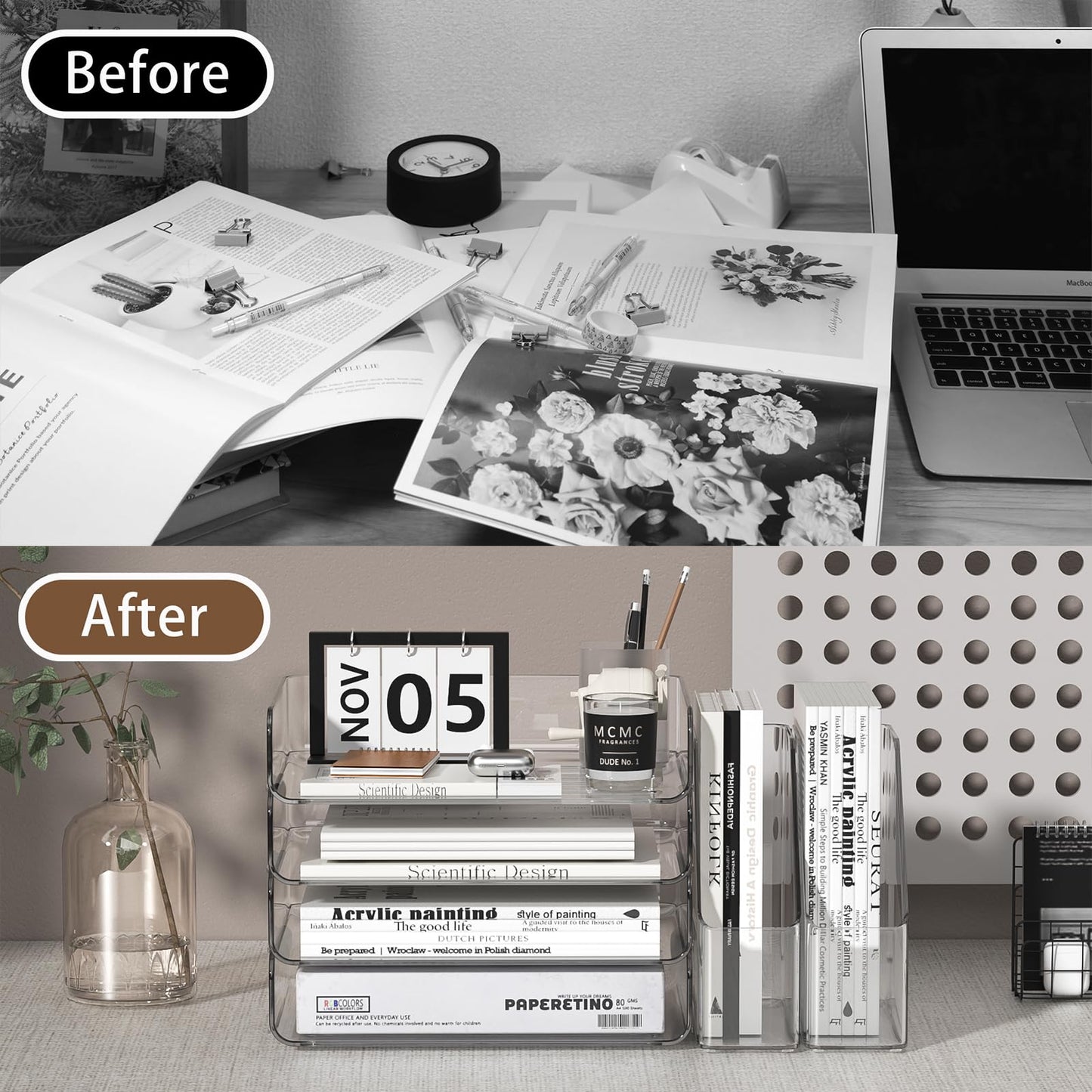 FANXIYQ 4-Tier Horizontal Acrylic Paper Tray Organizer with Bookends | Clear Stackable Desk Organizer for Documents, Letters, A4 Paper | Modern Office/Classroom/Home Organization