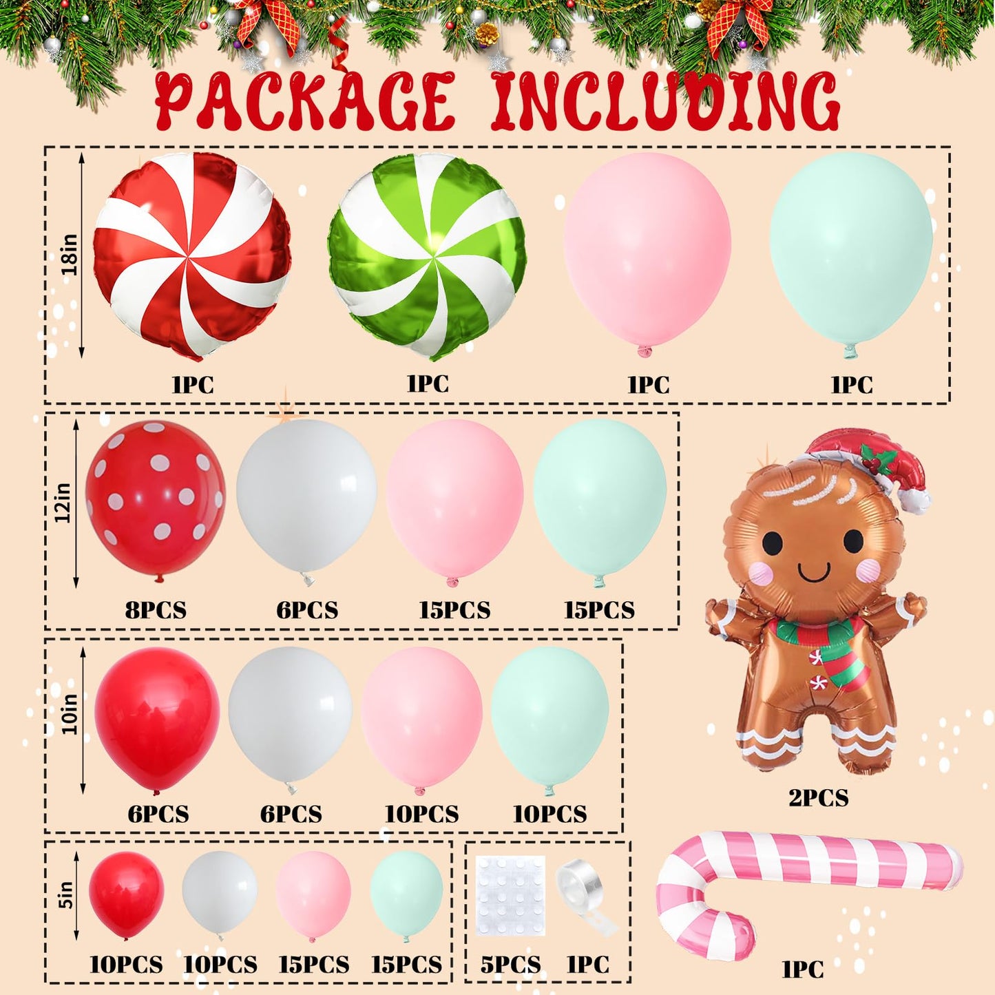 Gingerbread Balloon Garland Kit 139Pcs Pink Red Green White Christmas Balloons Arch with Gingerbread Man Candy Cane Foil Balloon New Year Xmas Cookie Exchange Gingerbread House Party Decorations