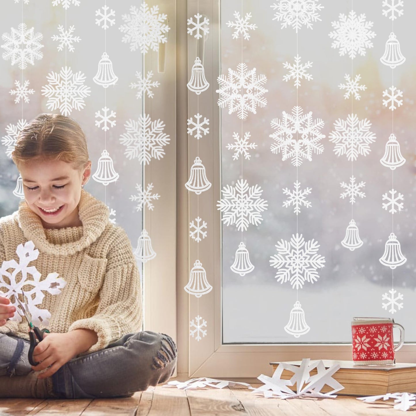 40Ft White Snowflakes Bell Garland Glitter Paper Big Snowflakes Hanging Streamer Backdrop for Winter Wonderland Christmas Holiday Birthday Home Window Wall Room Decor