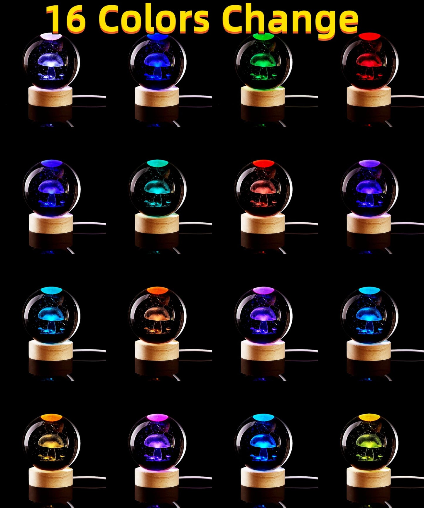 Conalisk 3D Mushroom Crystal Ball Lamp, Lifelike LED Mushroom Night Light, 16 Colors Changing Light, Dimmable Remote Control, Desk Lamp