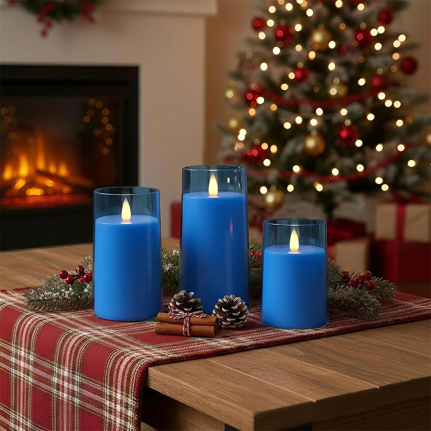 Raycare Flameless Electronic Pillar Candles with Remote Control and Timer- Battery Operated Realistic Flickering LED Fake Candle for Home, Wedding, Valentine's Day Decor,Blue,Set of 3(3"x4"5" 6")