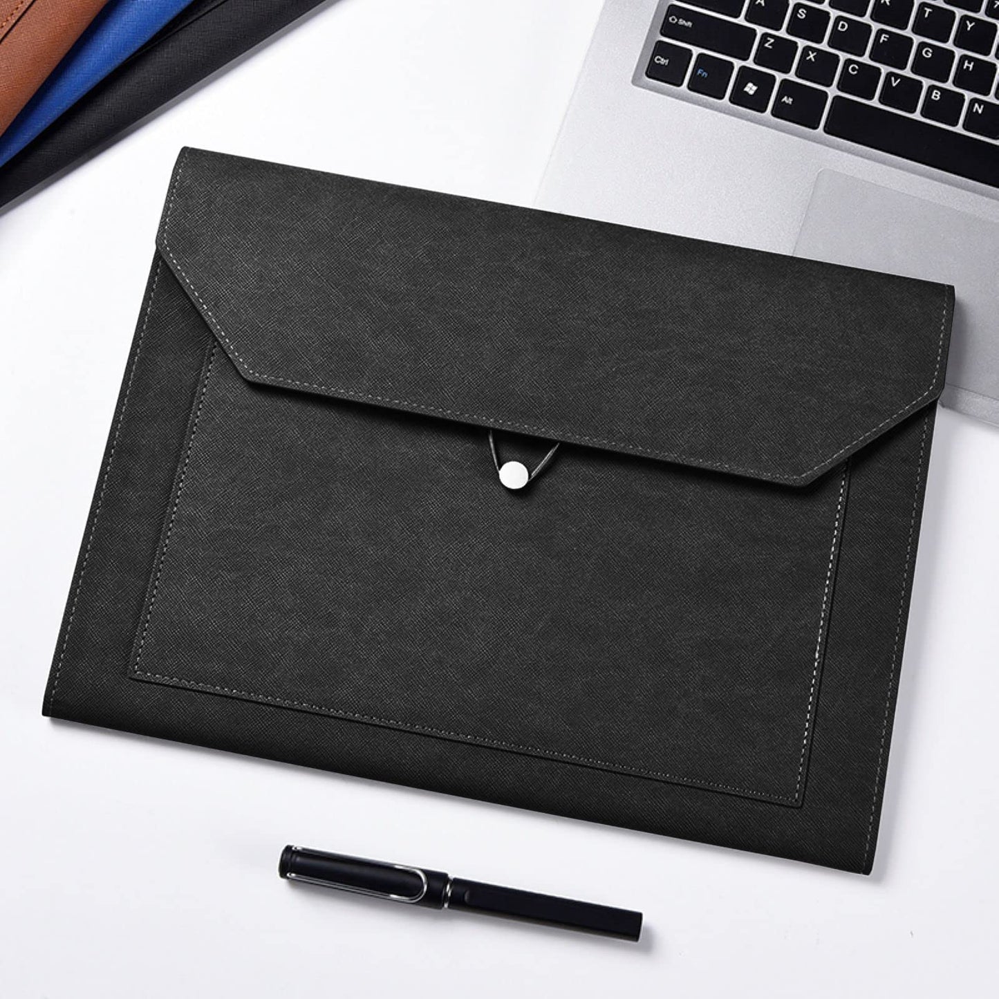 Yufocusqc PU Leather A4 File Folder Document Holder 2 Pockets Portfolio Envelope Folder Case with Elastic String 3/4 Inch Expansion (Black)