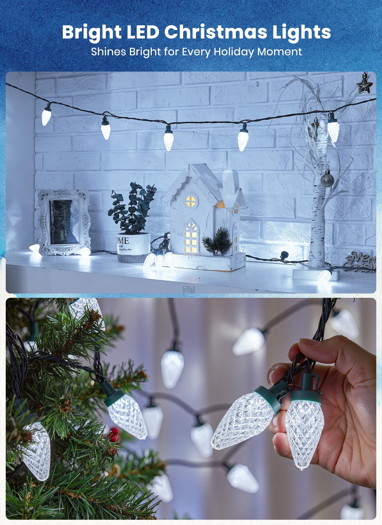 C9 Christmas Lights Outdoor, 114 Feet 150 LED C9 String Light with Timer & 8 Light Modes, Waterproof Commercial Grade Connectable Christmas Tree Lights for House Indoor Outside Roofline, Pure White