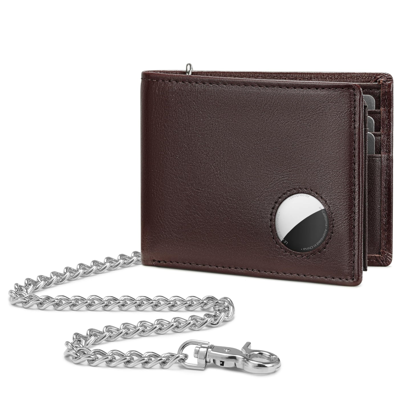 KLOMORE AirTag Chain Wallets for Men (Airtag Not Included), Sleek and Slim, RFID Blocking Genuine Leather Bifold Mens Wallet Includes ID Window Credit Card Holder with Sturdy Chain