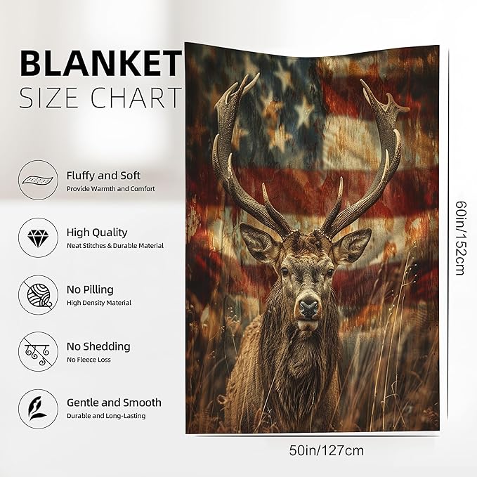Blanket Vintage Deer Lightweight Soft Throw Blanket for Girls Teens Women, American Flag Fuzzy Blanket Home Room Decor 50x60 Inches