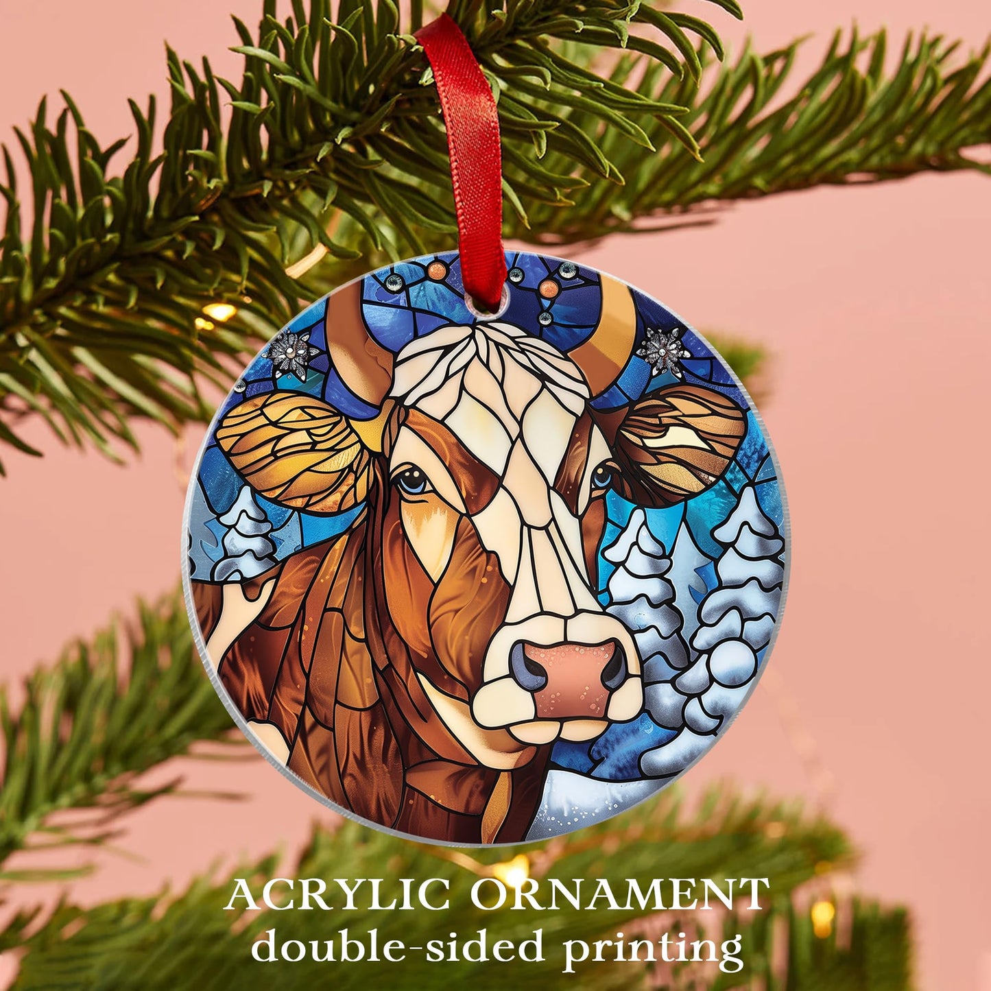 Fastpeace Dairy Cow Christmas Ornament - Stained Glass Style Cow Ornament - Perfect Hanging Decoration for Christmas Tree - Gift for Family, Friends (Cow Acrylic)