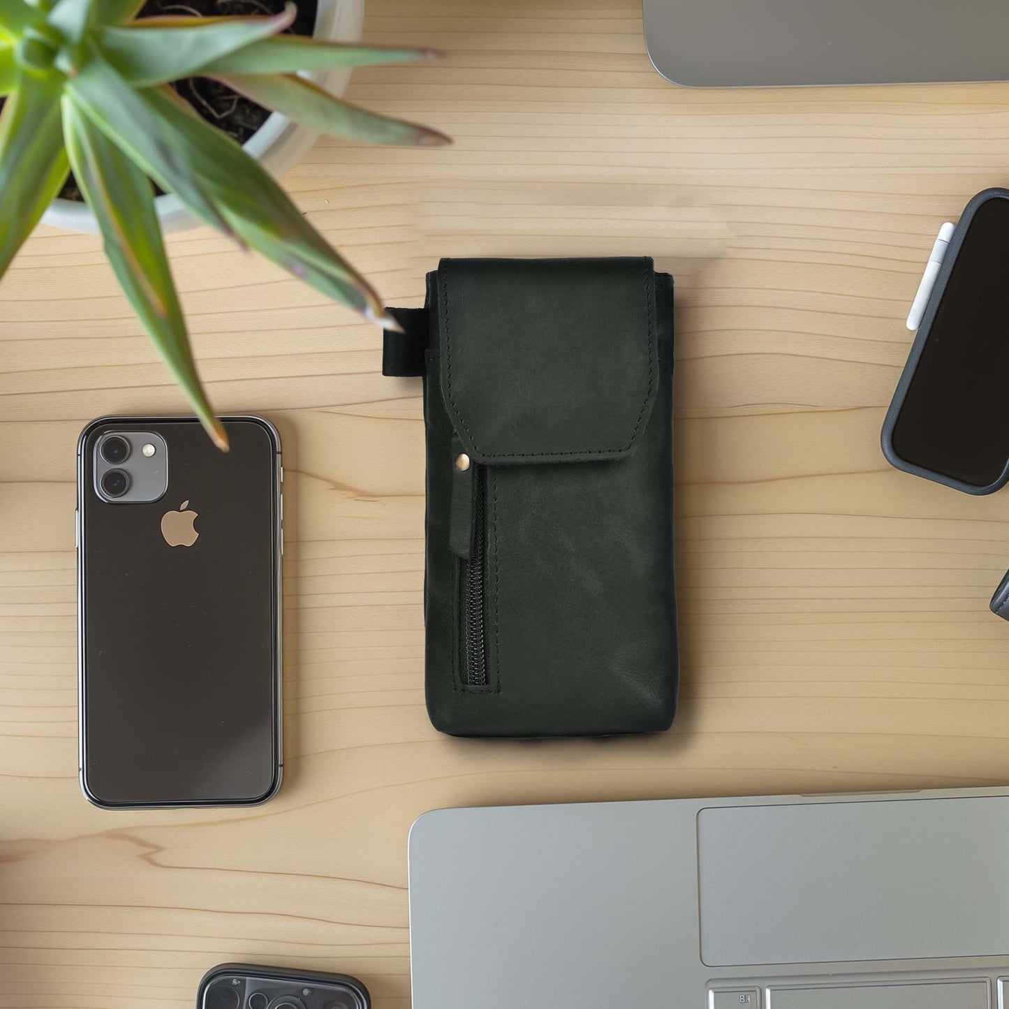 Leather Village Genuine Leather 7”x3.5” Phone Holster Pouch with Belt Clip, Magnetic Closure, ID Card Holder - Black Universal Case for iPhone, Samsung Galaxy, Google Pixel