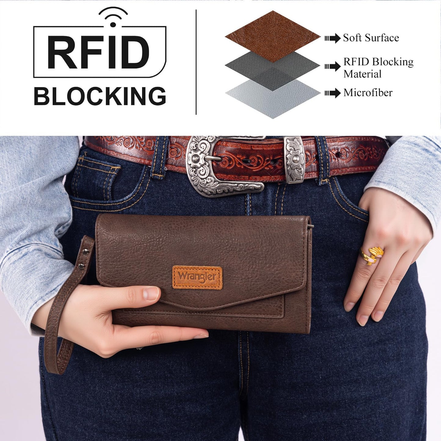 Montana West X Wrangler Women's Wallets Large Wristlet for Woman Ladies Female Trifold Cash Wallet with Wrist Strap and Rfid Lining