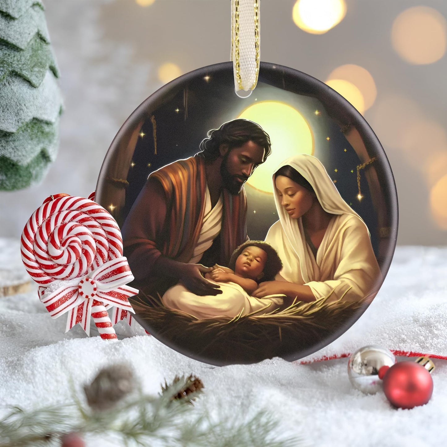 LAOWEIKI Nativity Christmas Ornament, 3.5 Inch Ceramic, Christian Gift, Christmas Tree Decor