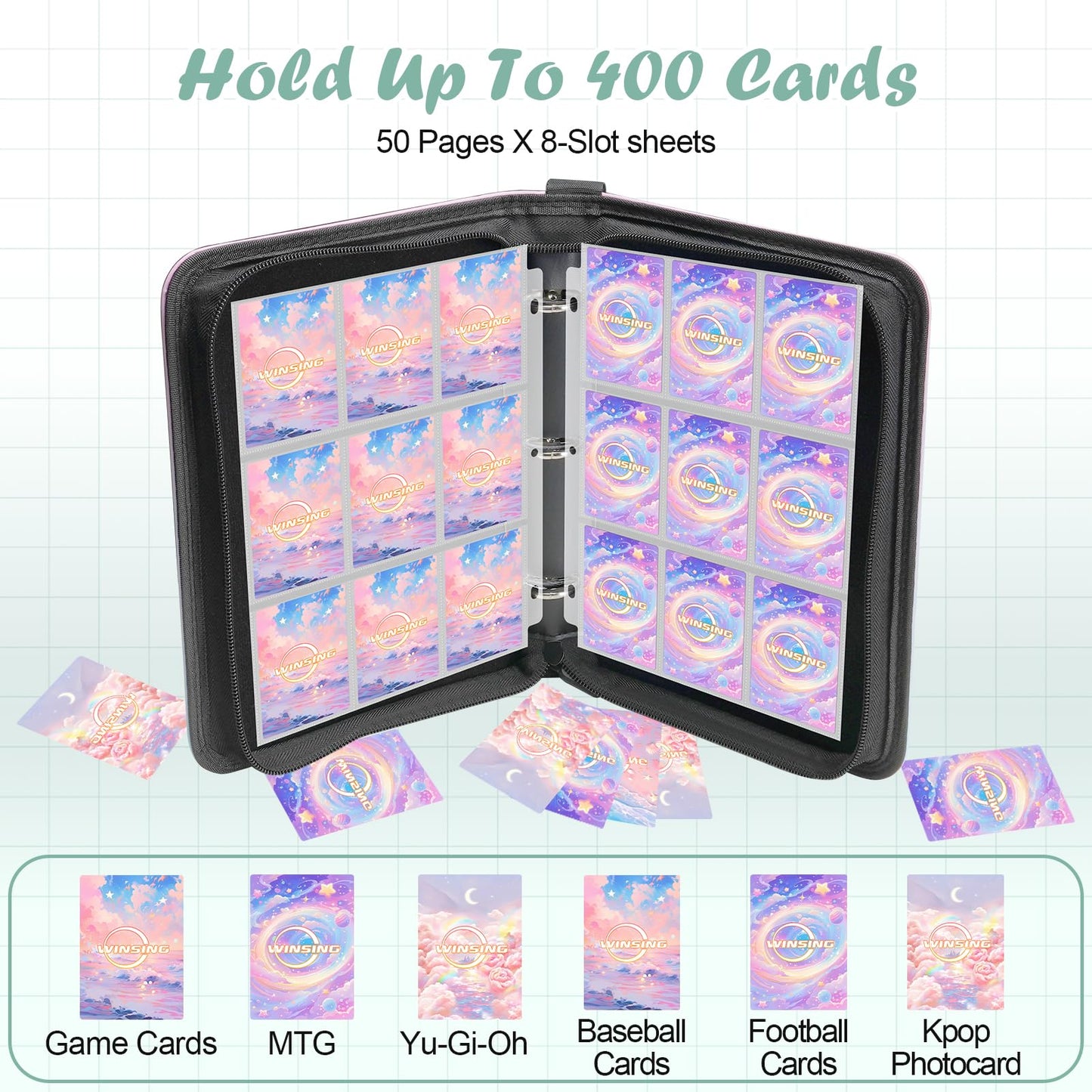 Card Binder 4 Pocket, 400 Pockets Card Holder Compatible with Game Cards Gift for Girls, Trading Card Binder Album Case Book Storage For Photocards, Small,Pink