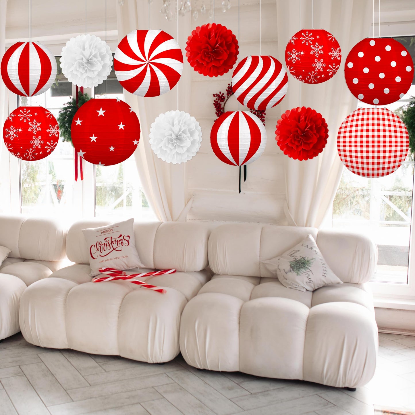 Renbuzhu 13PCS Christmas Decorations Ornaments Set – 9 Red White Hanging Paper Lanterns, 4 Pom Poms for Indoor, Home, Xmas Party, Porch Decor