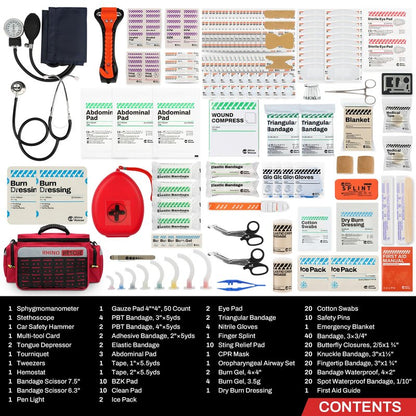 RHINO RESCUE First Responder First Aid Kit Fully-Stocked EMT Bag, Professional EMT/EMS Trauma Medical Kit, Molle System & Reflective Stripe, 300+ First Aid Supplies, Suits for Business, Home (Red)