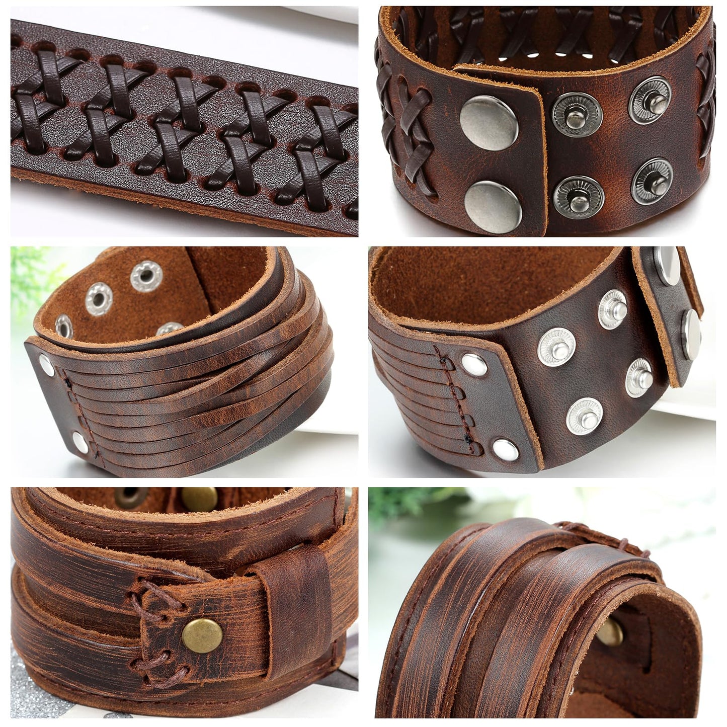 OIDEA Assorted 3pcs Mens Punk Multistrand Leather Braided Bangle Cuff Bracelet for Biker Dad Father, Size Adjustable,Brown