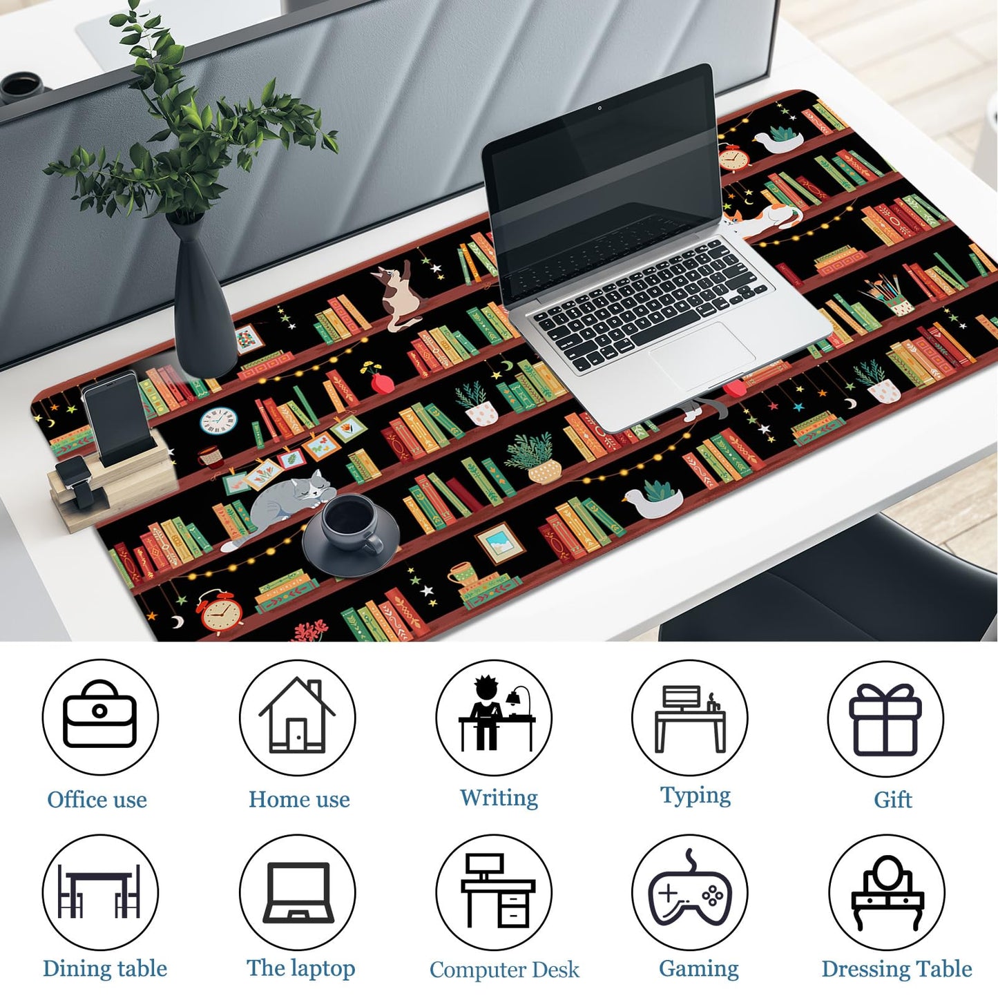 Desk Mat, Desk Matt for Desktop Bookshelf Cat XXL Extended Large Gaming Mouse Pad for Desk, Anti-Slip Desk pad Mat with Stitched Edges, Keyboard Mouse Mat for Computer, Work, Office, Gaming