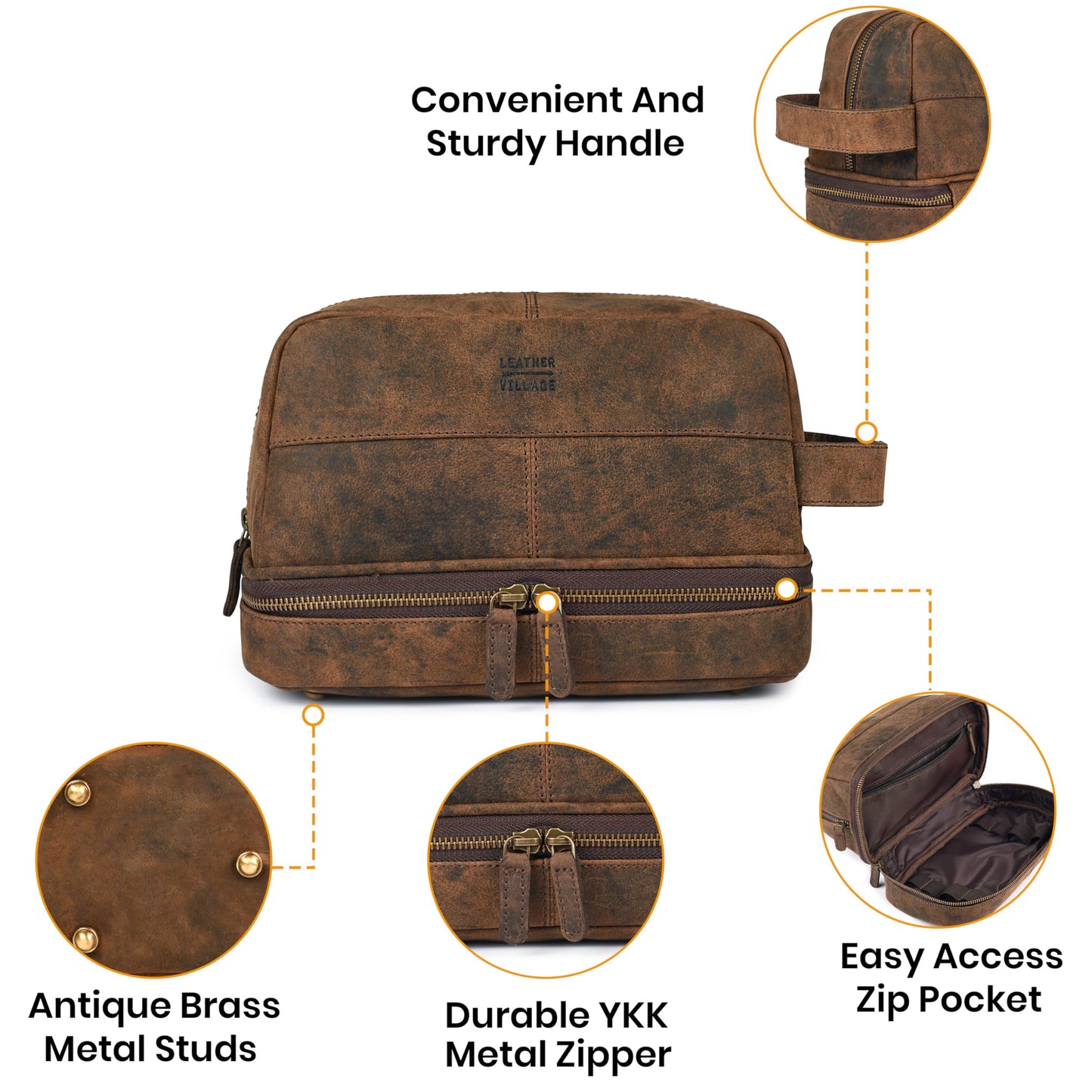 LEATHER VILLAGE Genuine Vintage Leather Dopp Kit - Travel Bag with Waterproof Lining, Large Capacity Toiletry Bag, Dual-Zip Design for Men & Women, Shaving & Bathroom Essentials Organizer-Rustic Brown