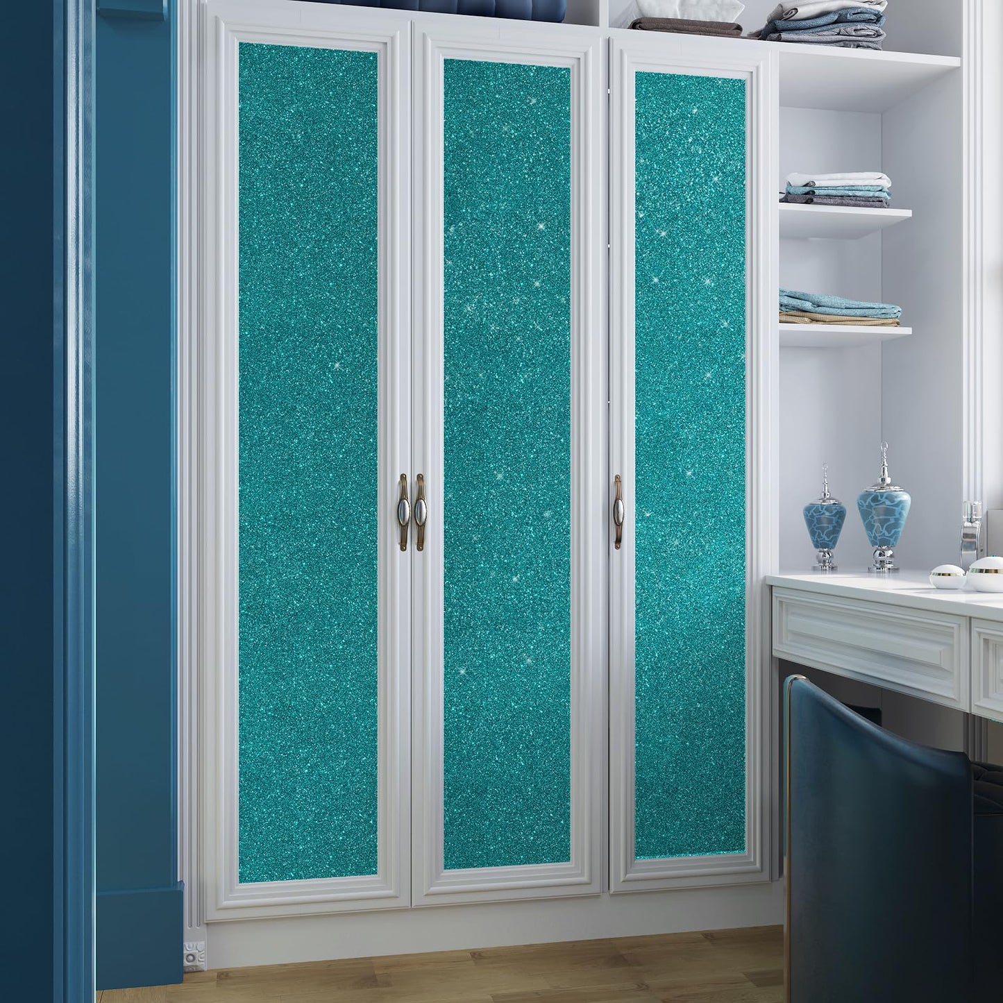 VaryPaper Teal Glitter Wallpaper Stick and Peel Decorative Glitter Contact Paper for Cabinets Craft Removable Self Adhesive Sparkle Teal Wall Paper for Girls Bedroom Accent Wall Covering 15.7''x78.7''