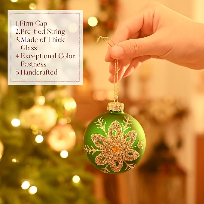Valery Madelyn Glass Christmas Ornaments Set, 10ct Medium Red Green Gold Mercury Blown Glass Christmas Tree Ball Decorations, Luxury Hanging Teardrop Finial Faceted Reflector Decor