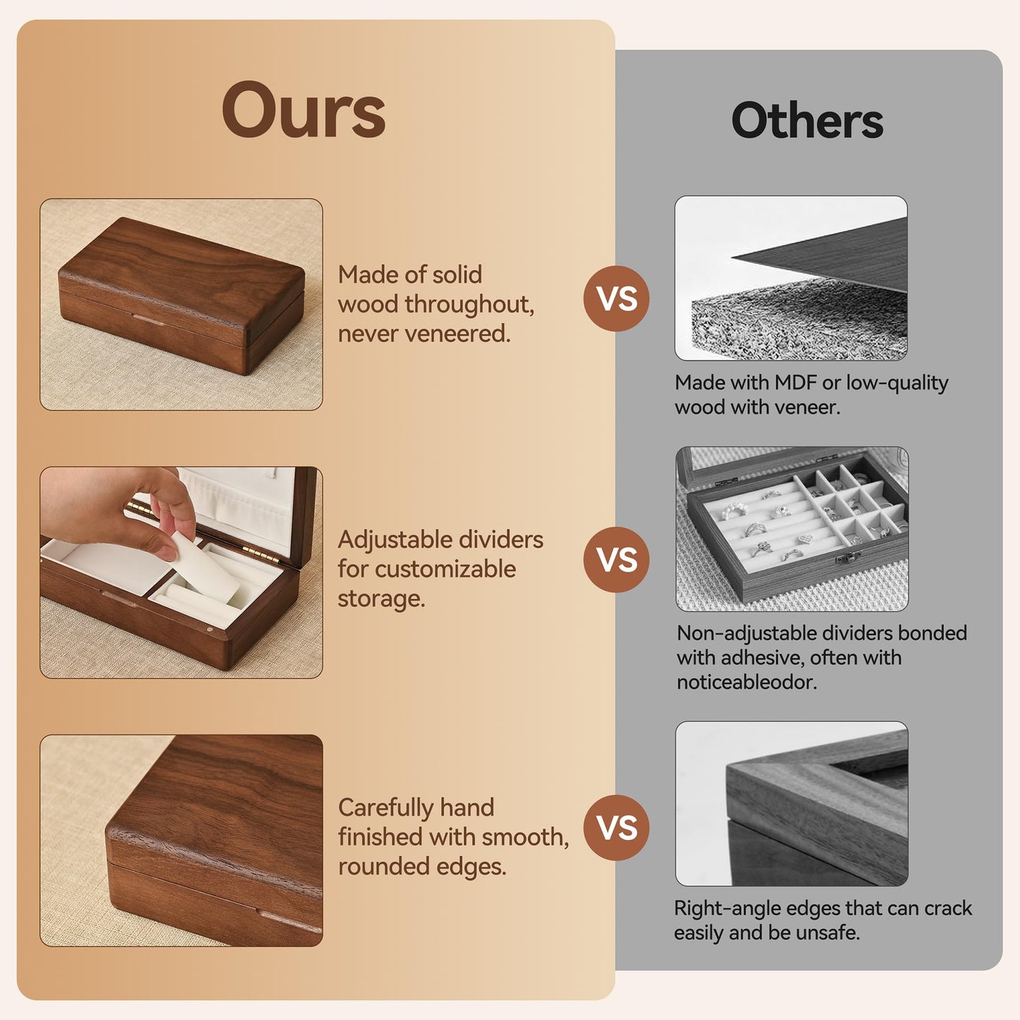 Hapkumn Black Walnut Solid Wooden Jewelry Box, Small Portable Travel Jewelry Organizer Storage Case, Wood Jewelry Holder for Necklace Ring Earrings Bracelet Watch, Gift for Women, Mom, Girls.