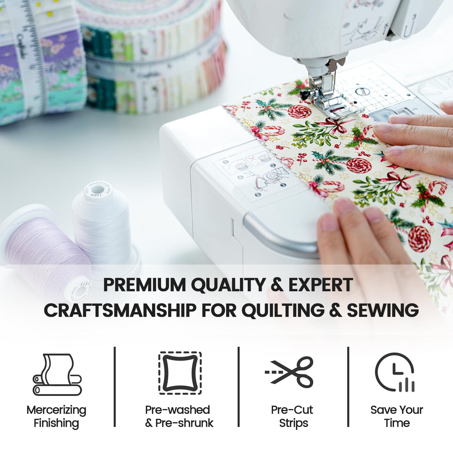 Craftido-20 Options-100% Cotton Jelly Roll Fabric Precut Strips for Quilting, Crafting, and Sewing, 40 Strips 2.5" x 44" Assorted Bundles for Rugs, Quilts, DIY Crafts and Home Decor-Winter Christmas