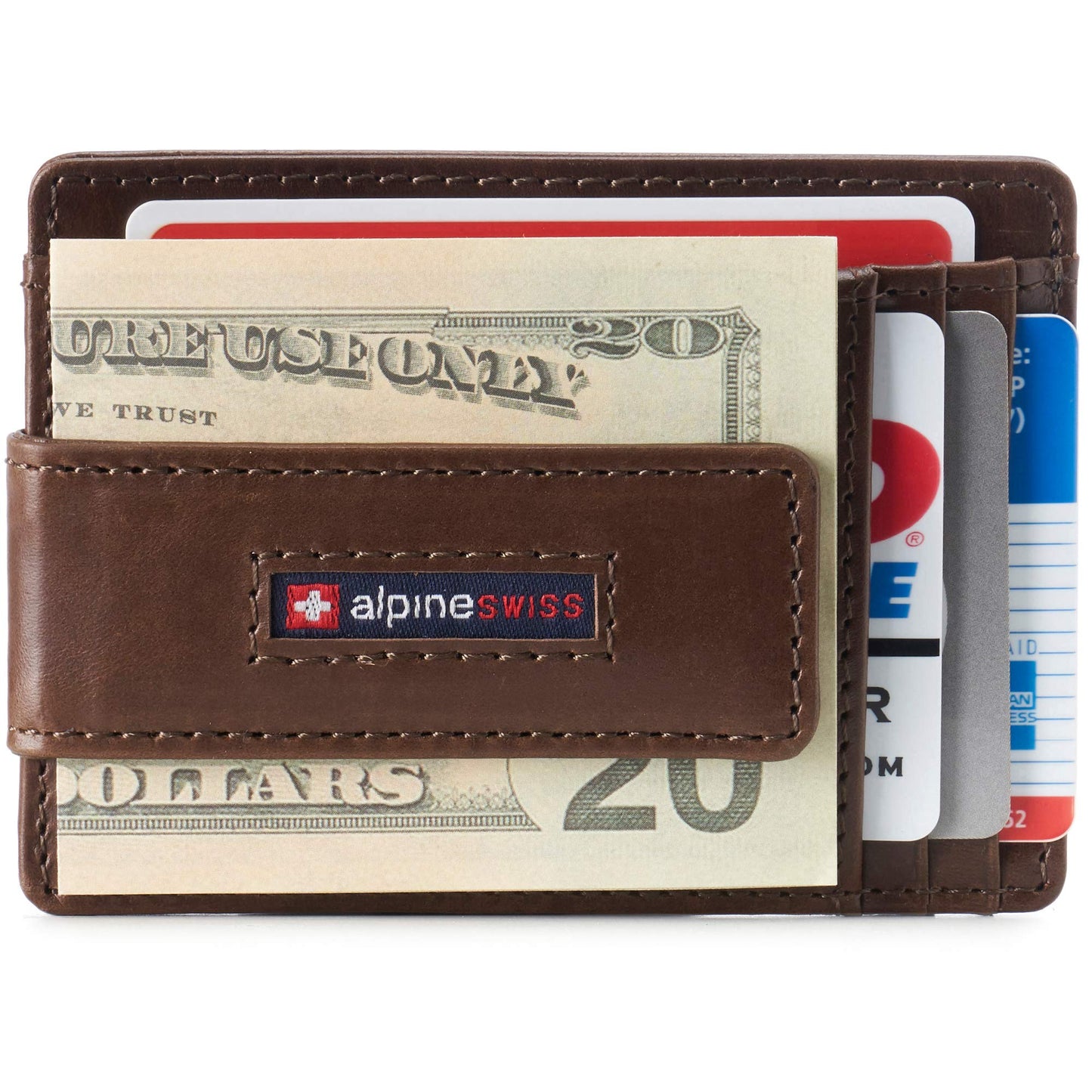 Alpine Swiss Harper Mens RFID Slim Front Pocket Wallet Magnetic Money Clip ID Card Holder Leather Glossy Nappa Brown