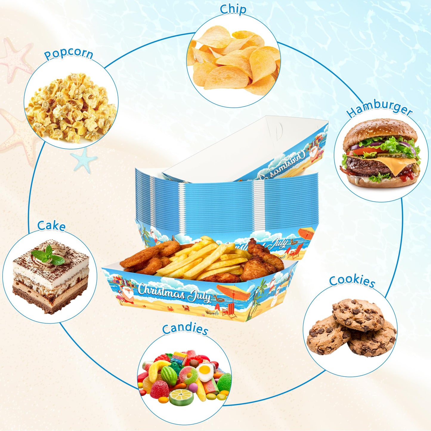 50Pcs Summer Christmas Paper Food Trays, Heavy Duty Disposable July Christmas Decorations Santa Food Boats, Serving Tray for Snack Sandwich Dessert Popcorn, Hawaii Theme Beach Pool Party Supplies
