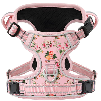Timos No Pull Dog Harness,NO Need Go Over Dogs Head 3 Snap Buckles Reflective Oxford No Choke Harness with Front & Back 2 Metal Leash Clips Soft Padded for Small Medium Large Dogs Pink S