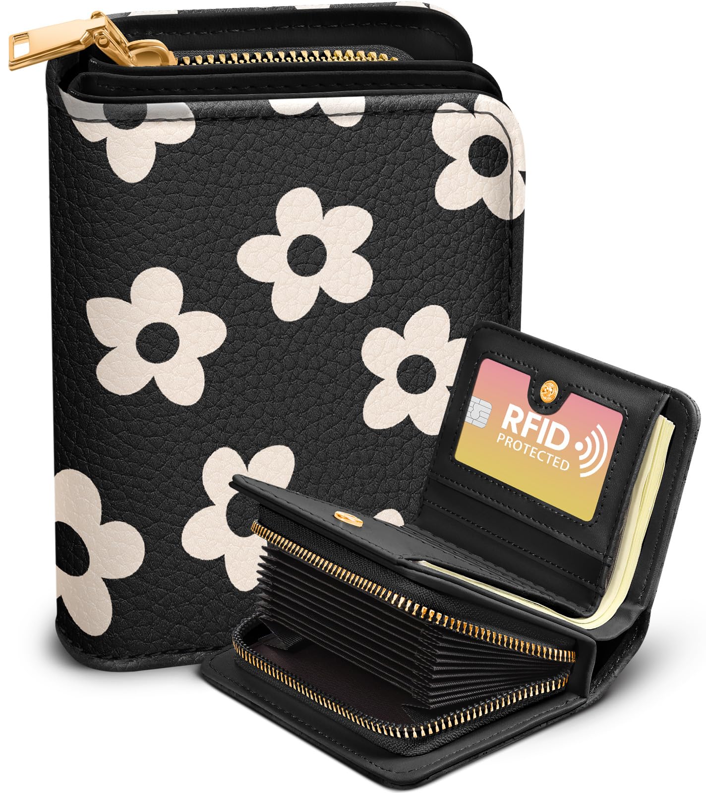 Bistup Credit Card Holder Wallet for Women - Cute Leather Ladies Teen Girls Female Cardholder Wallets Accordion Purse Small Medium Aesthetic Print Black Flower Unique Modern Rfid Zipper Around
