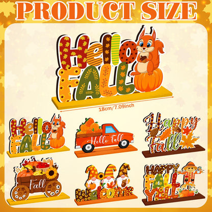 CroBlissful 6 Pcs Thanksgiving Decorations for Home Fall Table Centerpiece Hello Autumn Wooden Table Sign Pumpkin Gnome Truck Wood Tabletop Decor Harvest Party Decorations, 6 Styles