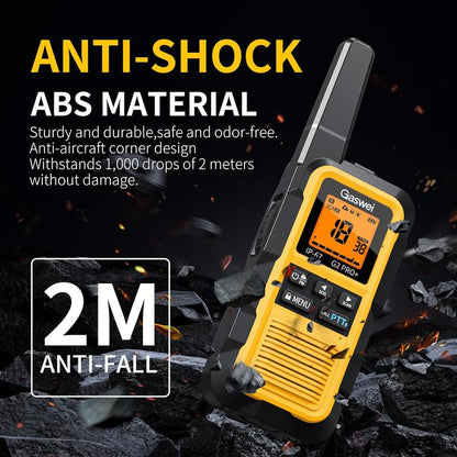 G2pro+ Waterproof Walkie Talkies - Long Range Heavy Duty Two-Way Radios | Rechargeable, FM Radio, SOS, NOAA Weather (2 Pack - Yellow)