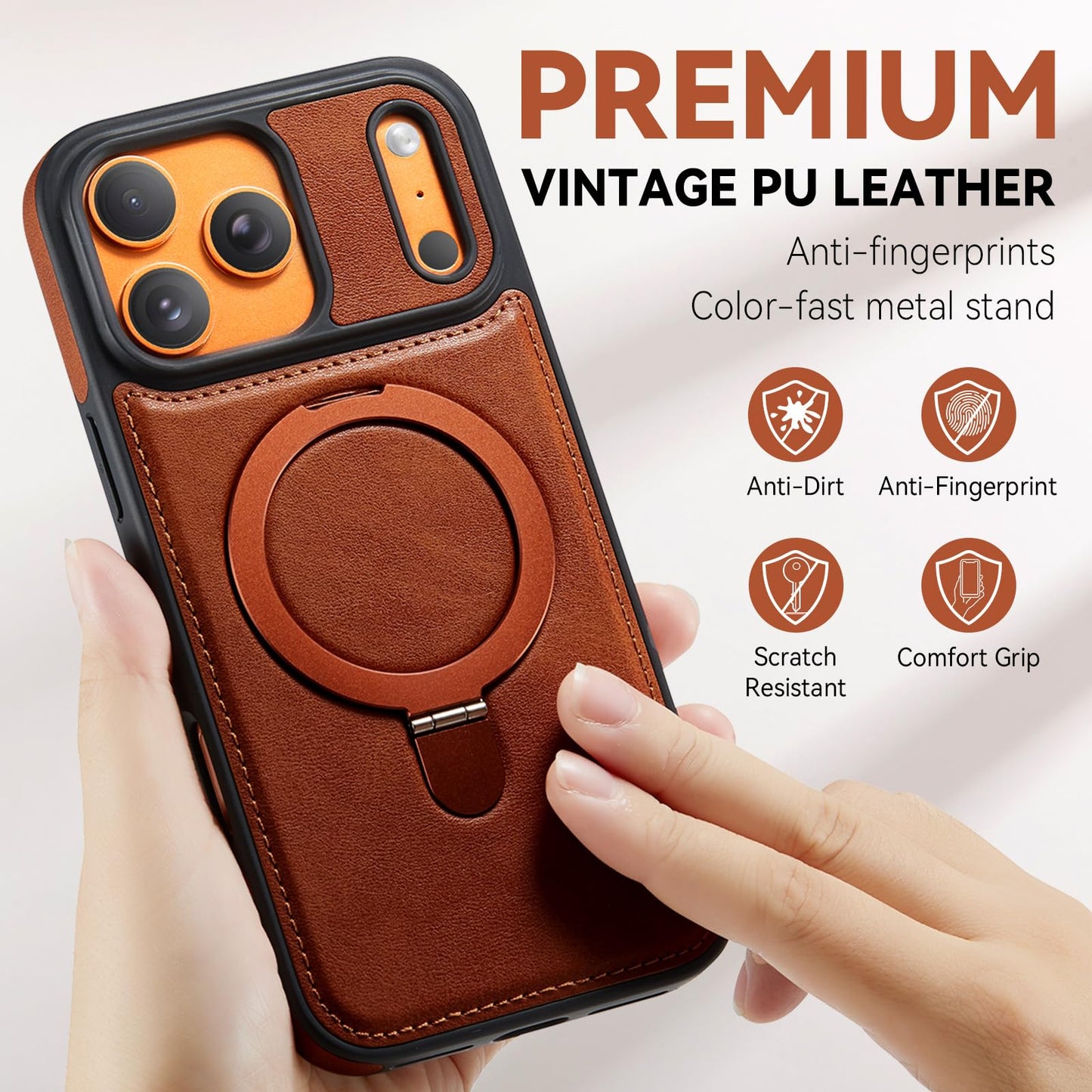 CHEEWADA for iPhone 17 Pro Max Case with Stand, Compatible with MagSafe, Slim PU Leather & TPU Drop-Proof Protective Magnetic Kickstand Phone Cases with Tempered Glass Screen Protector 6.9", Brown