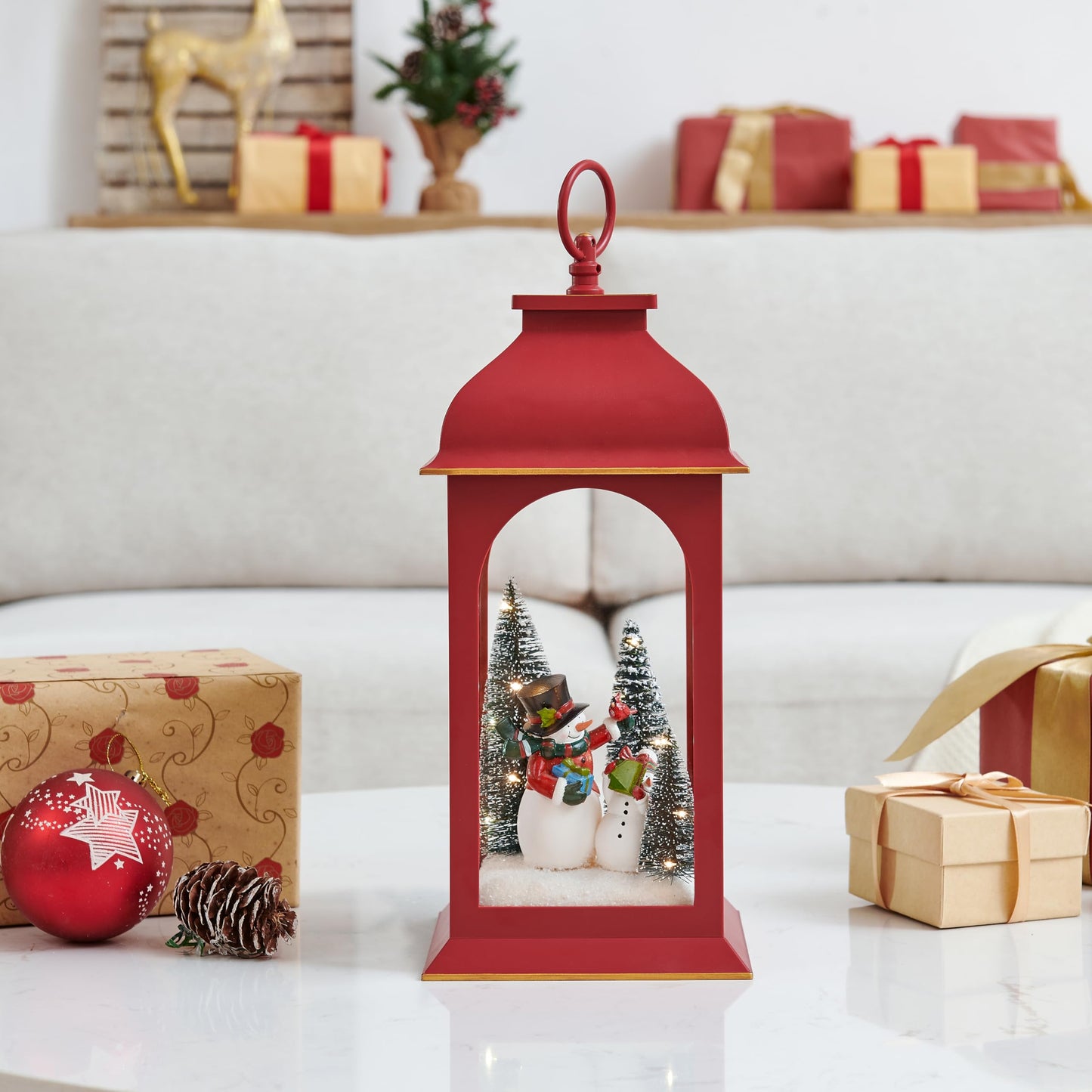 Danya B. Tabletop Red Christmas Snowman Winter Scene Diorama Lighted Lantern Decoration