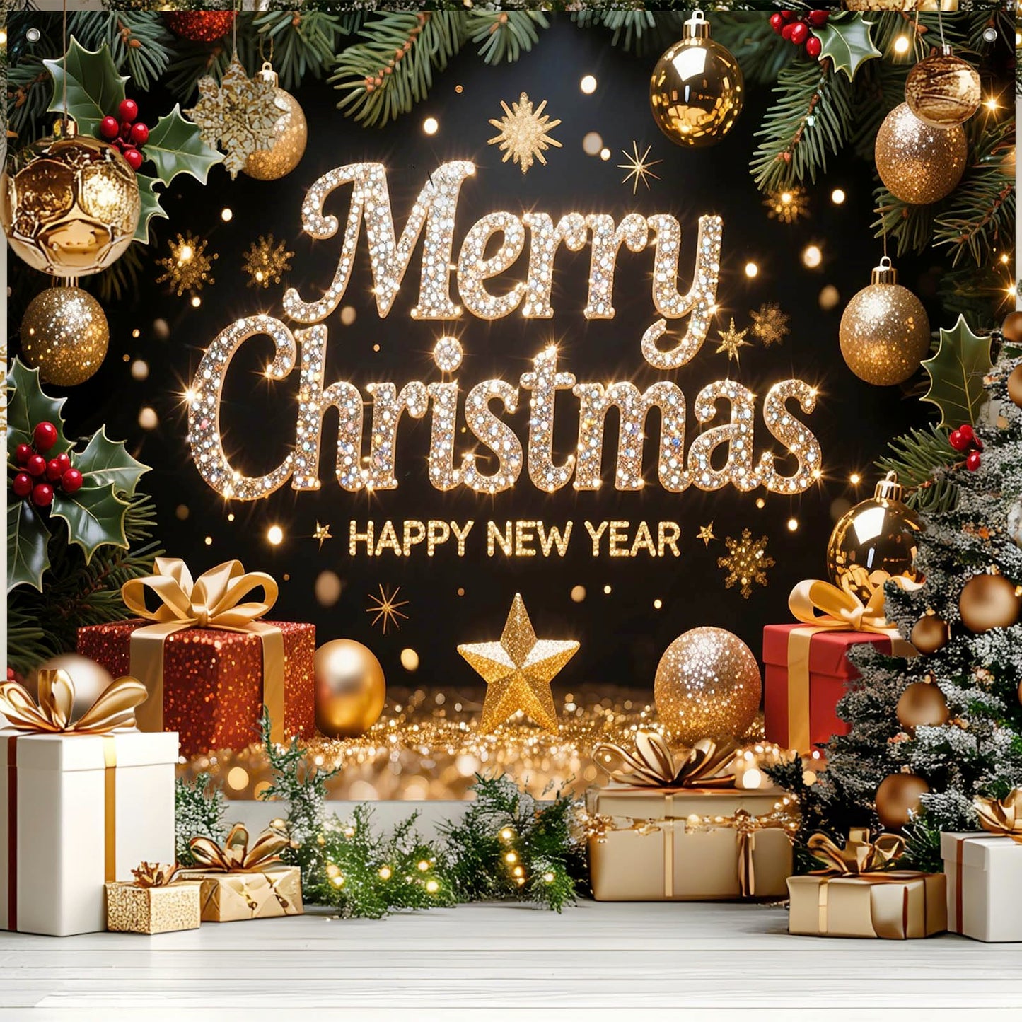 HOMETITUTE Merry Christmas and Happy New Year Backdrop 8×6ft Black Gold Holiday Photo Background with Gifts Ornaments Lights Party Banner Decoration