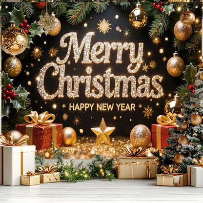 HOMETITUTE Merry Christmas and Happy New Year Backdrop 8×6ft Black Gold Holiday Photo Background with Gifts Ornaments Lights Party Banner Decoration