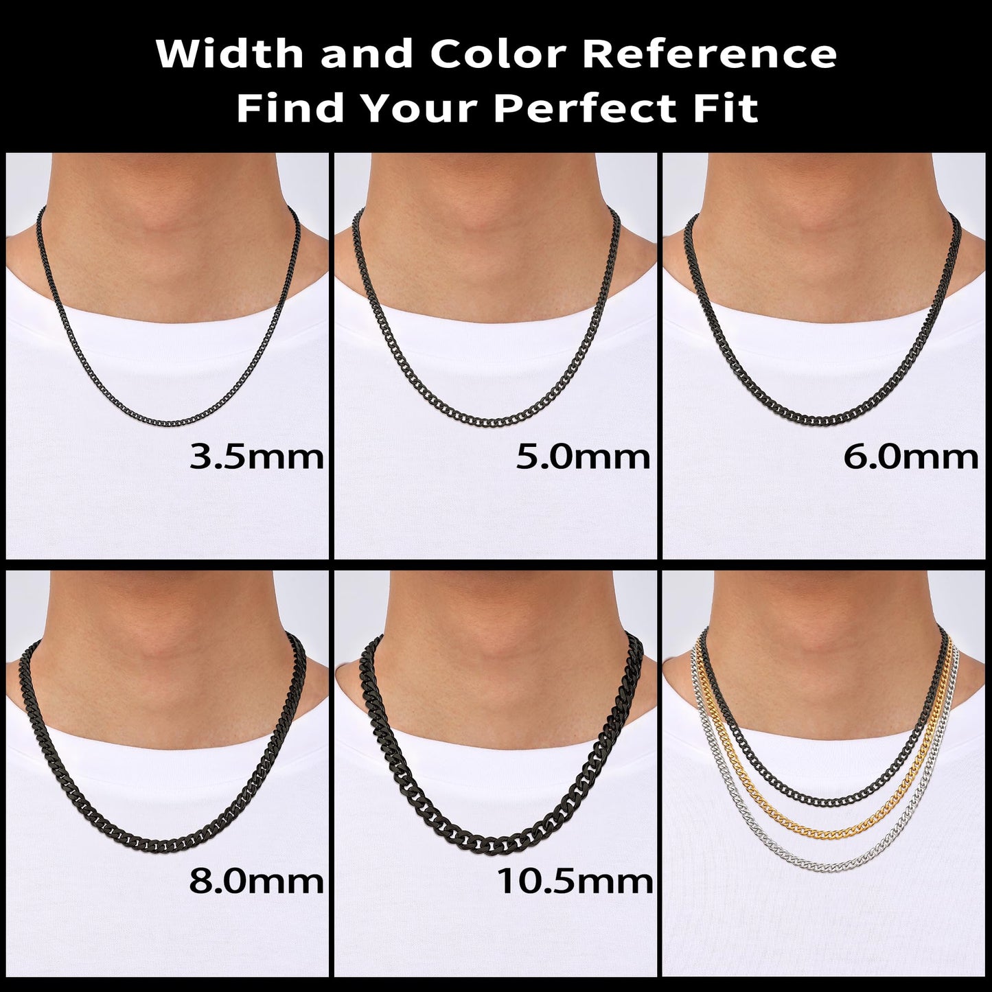 Fiusem 3.5mm Black Chain for Men, Black Cuban Link Chain Necklace for Men and Women, Stainless Steel Cuban Necklace 20 Inch